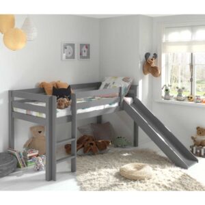 Graues Kinderhochbett mit Rutsche Kiefer Massivholz