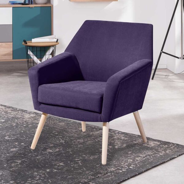 Einzelsessel Violett Retro aus Velours Buche Massivholz