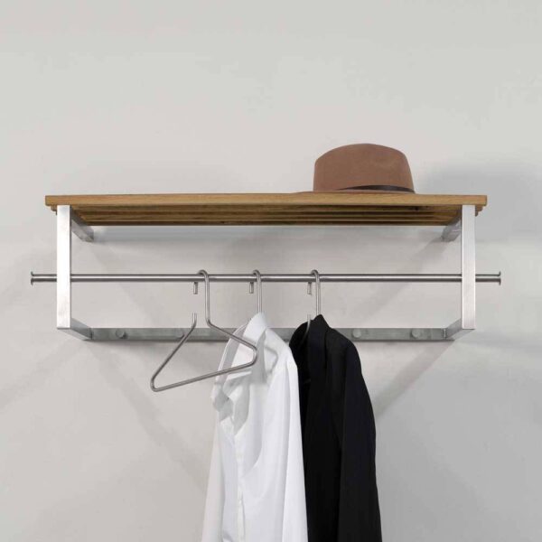 Edelstahl Garderobe mit Hutablage aus Massivholz modern