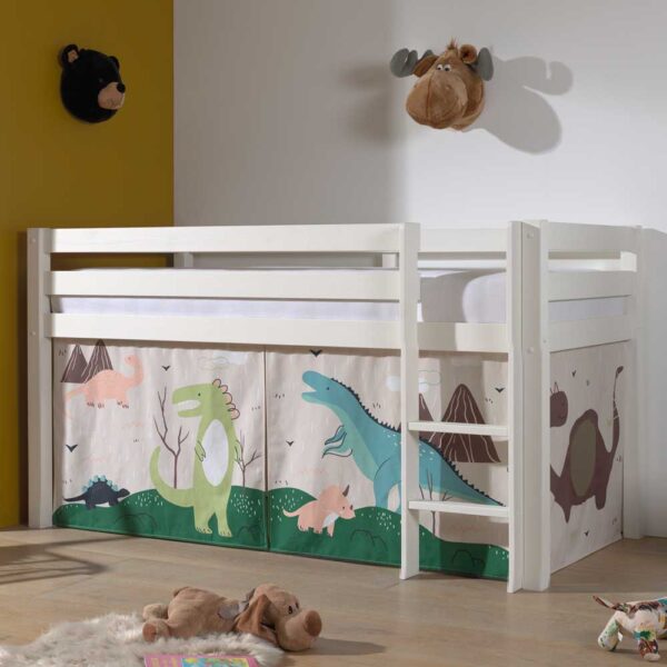 Kinderzimmer Bett aus Kiefer Massivholz Weiß mit Leiter und Dino Vorhang