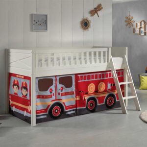 Kinderhochbett mit Vorhang aus Kiefer Massivholz Feuerwehr Motiv