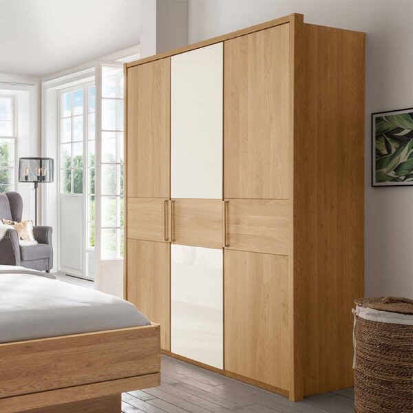 Kleiderschrank in Beige Glas beschichtet Eiche Massivholz