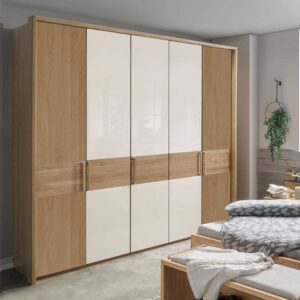 Drehtürenschrank in Beige Glas beschichtet Eiche Massivholz