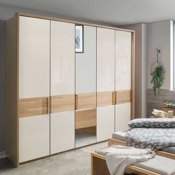 Schlafzimmerkleiderschrank in Beige Glas beschichtet Eiche Massivholz