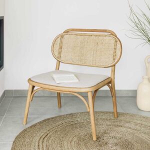 Lounge Sessel in Beige Rattangeflecht und Ulme Massivholz