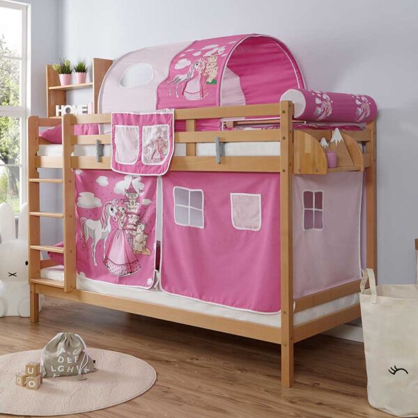 Prinzessin Etagenhochbett aus Buche Massivholz Webstoff in Pink und Rosa