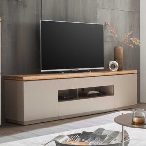 XL TV Lowboard in Taupe Deckplatte aus Akazie Massivholz