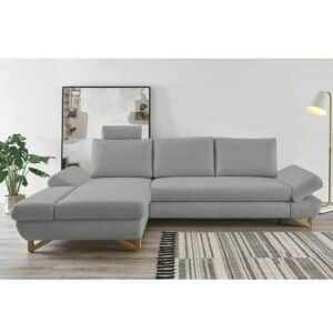 Hellgraues Ecksofa aus Velours und Buche Massivholz Skandi Design