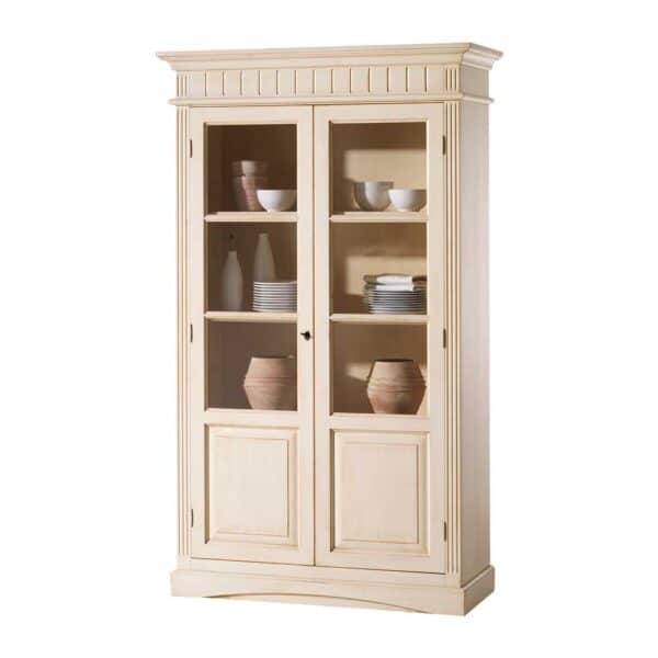 Landhaus Vintage Vitrinenschrank in Creme Fichte Massivholz