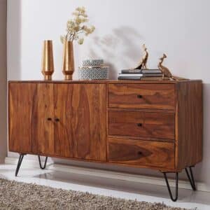 Wohnzimmer Sideboard aus Sheesham Massivholz und Eisen drei Schubladen