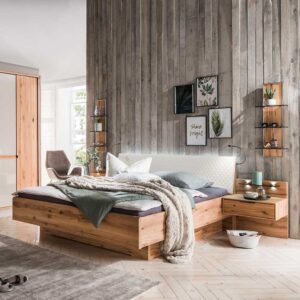 Großes Bett aus Kernbuche Massivholz Kunstleder in Beige (dreiteilig)