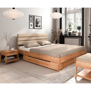 Bett mit Polsterkopfteil in Beige Kernbuche Massivholz