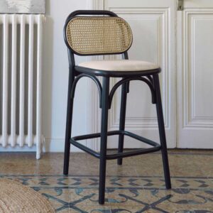 Bistro Stil Tresenstuhl in Schwarz und Beige Rattan und Ulme Massivholz (2er Set)