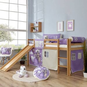 Kinderhochbett aus Buche Massivholz und Webstoff Prinzessin Motiv