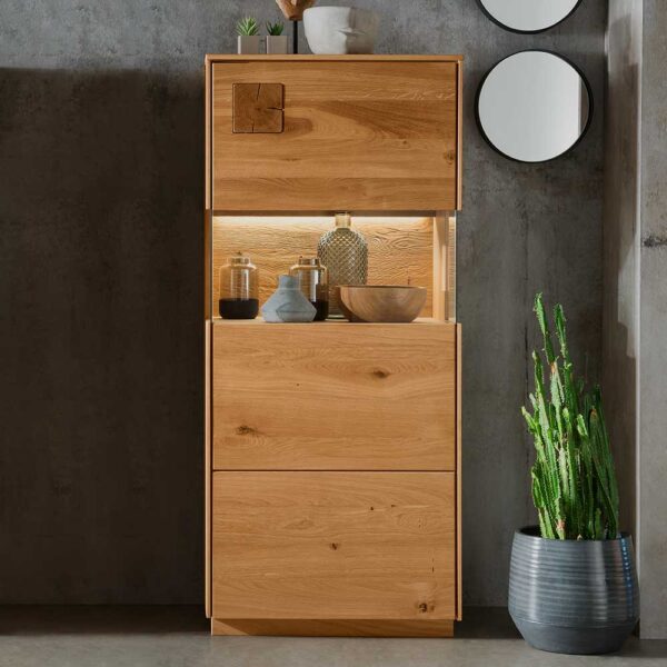 Highboard mit Glas Seiten aus Wildeiche Massivholz 145 cm hoch