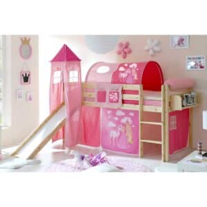 Prinzessin Kinderbett aus Kiefer Massivholz Rutsche und Turm in Pink