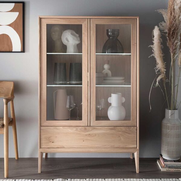 Esszimmer Highboard Vitrine im Skandi Design Wildeiche Massivholz