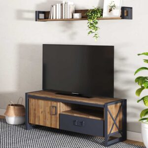 Fernsehunterschrank im Industry und Loft Stil Akazie Massivholz und Metall