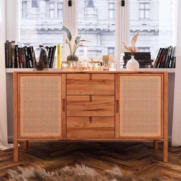 Sideboard mit Rattan Türen aus Wildbuche Massivholz 142 cm breit