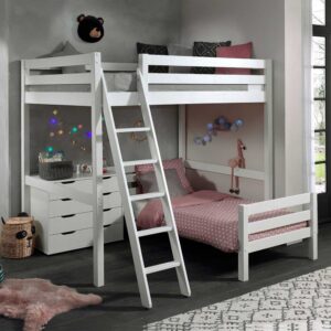 Kinderzimmer Stockbett aus Kiefer Massivholz Weiß Kommode