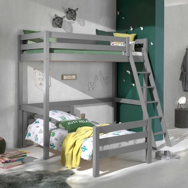 Kinderzimmer Stockbett aus Kiefer Massivholz Grau Leiter