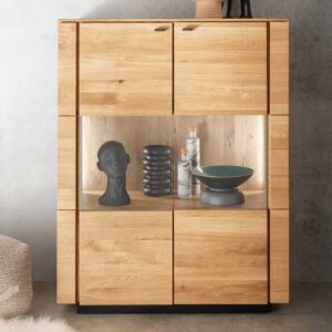 Highboard Vitrine aus Wildeiche Massivholz geölt LED Beleuchtung