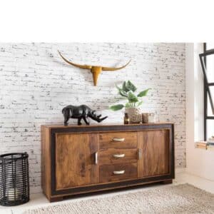 Wohnzimmer Sideboard aus Sheesham Massivholz Kunstleder