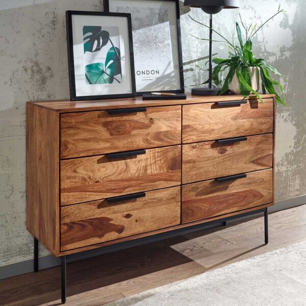 Modernes Sideboard aus Sheesham Massivholz sechs Schubladen