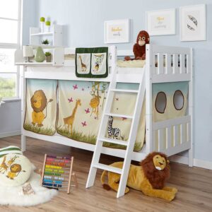 Kinderstockbett mit Vorhang im Zootier Design Buche Massivholz in Weiß