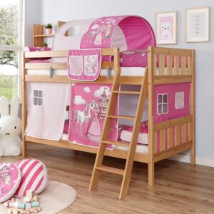 Etagenspielbett aus Buche Massivholz Vorhang und Tunnel im Prinzessin Design