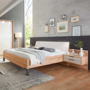 Doppelbett aus Kernbuche Massivholz und Kunstleder beige LED Beleuchtung (dreiteilig)