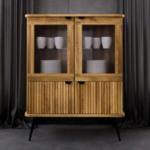 Highboard mit Glastüren aus Wildeiche Massivholz Stahl