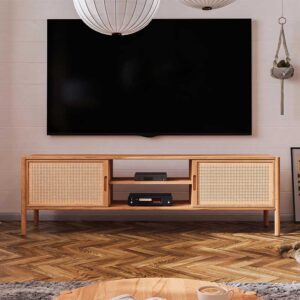 Unterschrank Fernseher aus Wildbuche Massivholz und Rattan 64 cm hoch