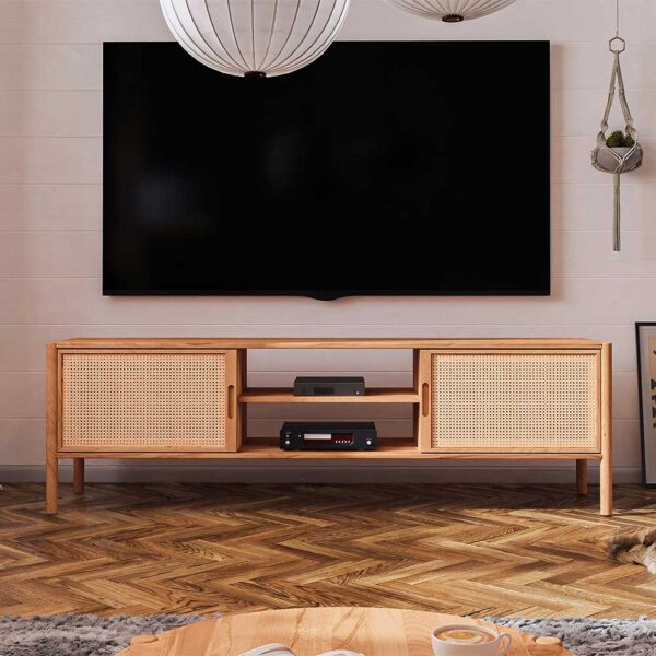 Unterschrank Fernseher aus Wildbuche Massivholz und Rattan 64 cm hoch