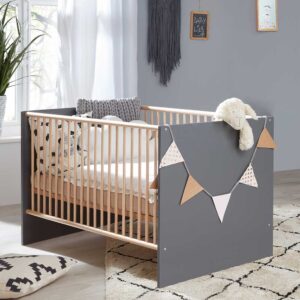 Babybett Grau Skandi mit Buche Massivholz Sprossen höhenverstellbar