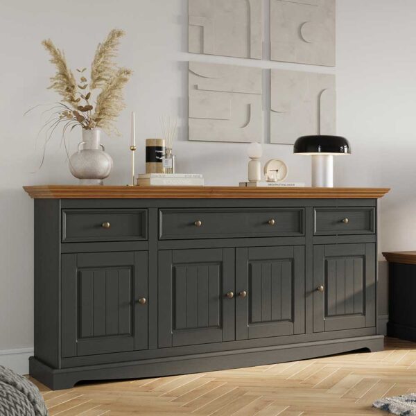 Massivholz Sideboard Landhaus in Grau und Eichefarben 167 cm breit