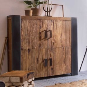 Wohnzimmer Highboard aus Teak Massivholz Metall Schwarz