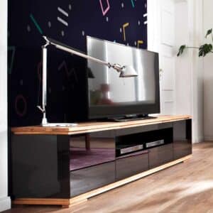 Design Fernsehunterschrank in Schwarz Hochglanz Asteiche Massivholz