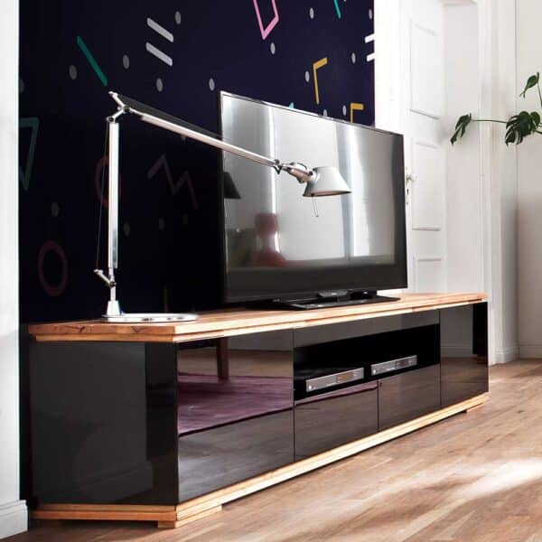 Design Fernsehunterschrank in Schwarz Hochglanz Asteiche Massivholz