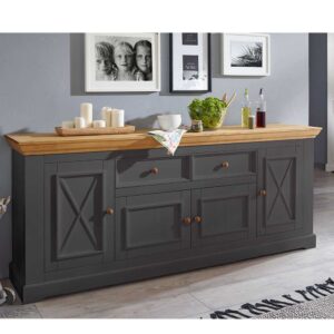 Landhaus Sideboard in Grau und Eichefarben Kiefer Massivholz