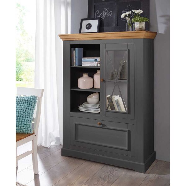 Esszimmer Highboard in Grau und Eichefarben Kiefer Massivholz