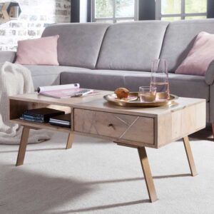 Designercouchtisch aus Mangobaum Massivholz Eisen