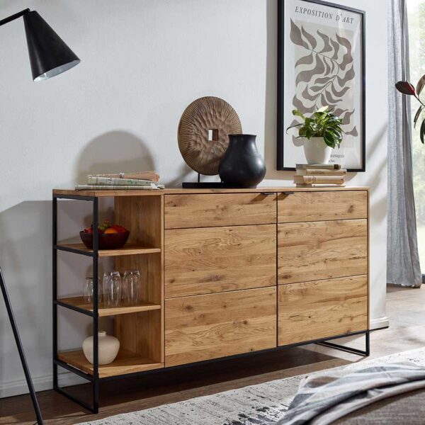 Hohes Sideboard aus Wildeiche Massivholz & Metall Bügelgestell