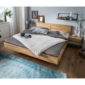 Großes Bett mit Nachtkommoden aus Wildeiche Massivholz geölt modern (dreiteilig)