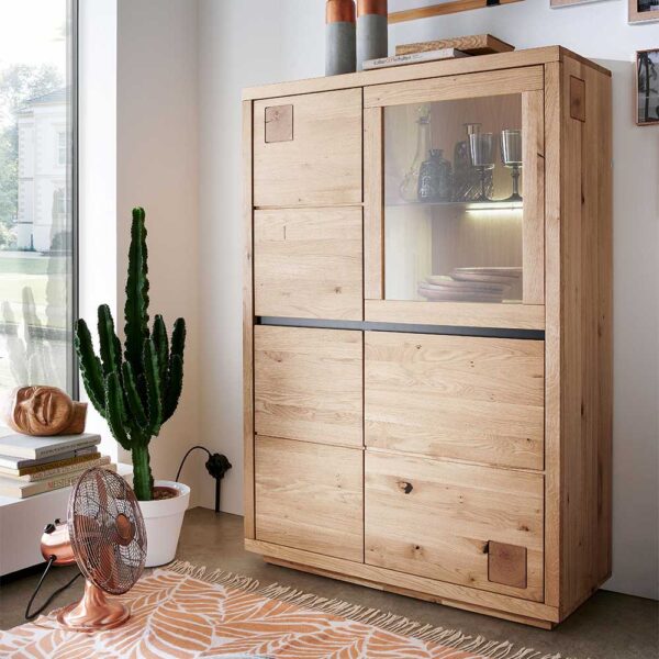 Highboard Wildeiche aus Massivholz Glastür rechts