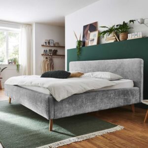 Doppeltbett Grau modern aus Boucle Stoff Eiche Massivholz