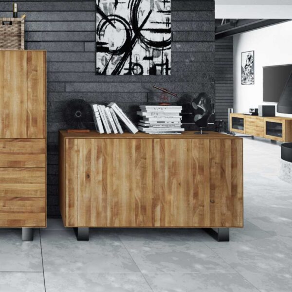 Wohnzimmer Sideboard aus Wildeiche Massivholz Stahl