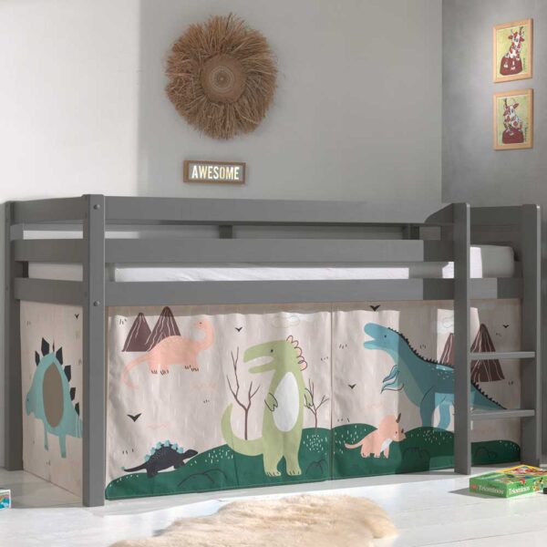 Kinder Hochbett aus Kiefer Massivholz Grau mit Dino Vorhang